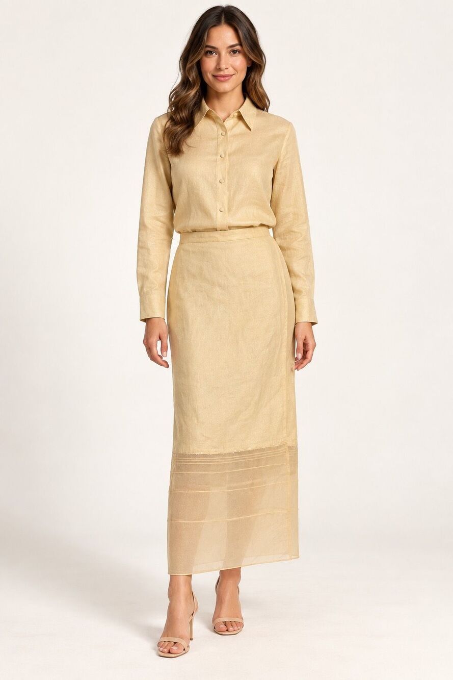 Vintage Champagne Linen Shirt Sheer Maxi Wrap Skirt Set Size 6 Skirts